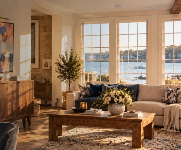 Sunlight fills a warm residential living room overlooking the water