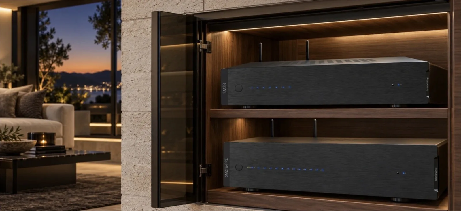 A warm home interior with audio components in a wooden cabinet
